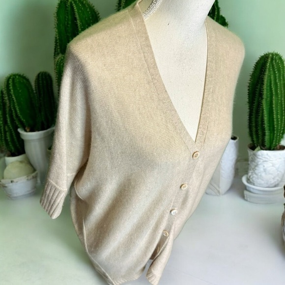 Dtlm Don’t Label Me 100% Cashmere Heathered Tan Short Sleeve Button-Up Cardigan - Picture 13 of 14